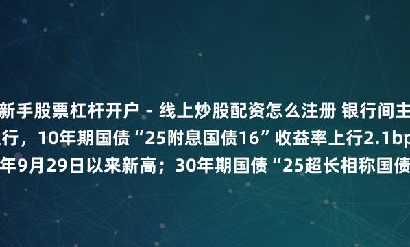 新手股票杠杆开户 - 线上炒股配资怎么注册 银行间主要利率债收益率快速上行，10年期国债“25附息国债16”收益率上行2.1bp报1.8825%，创2025年9月29日以来新高；30年期国债“25超长相称国债06”收益率上行1.5bp报2.2990%，创2024年11月20日以来新高。
